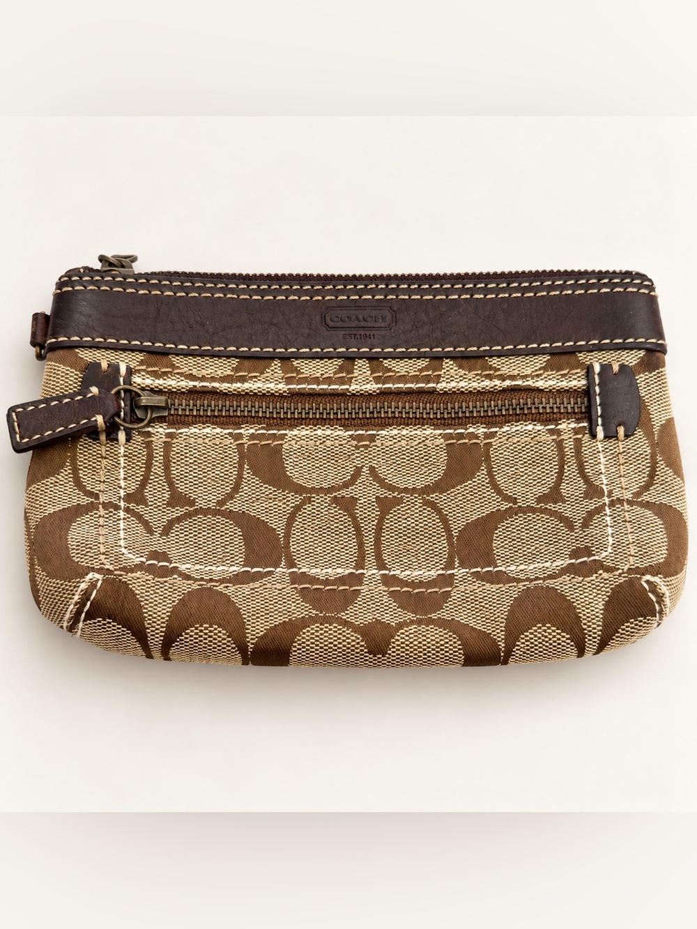 Y2K Coach Signature C Jacquard Zip Pouch Clutch Brown Leather Vintage